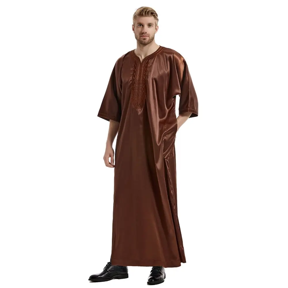 Middle East Muslim Robe Men's Arab Islamic National Costume New Satin Mid-Sleeve High Sense Top Large Size Loose Long T-Shirt