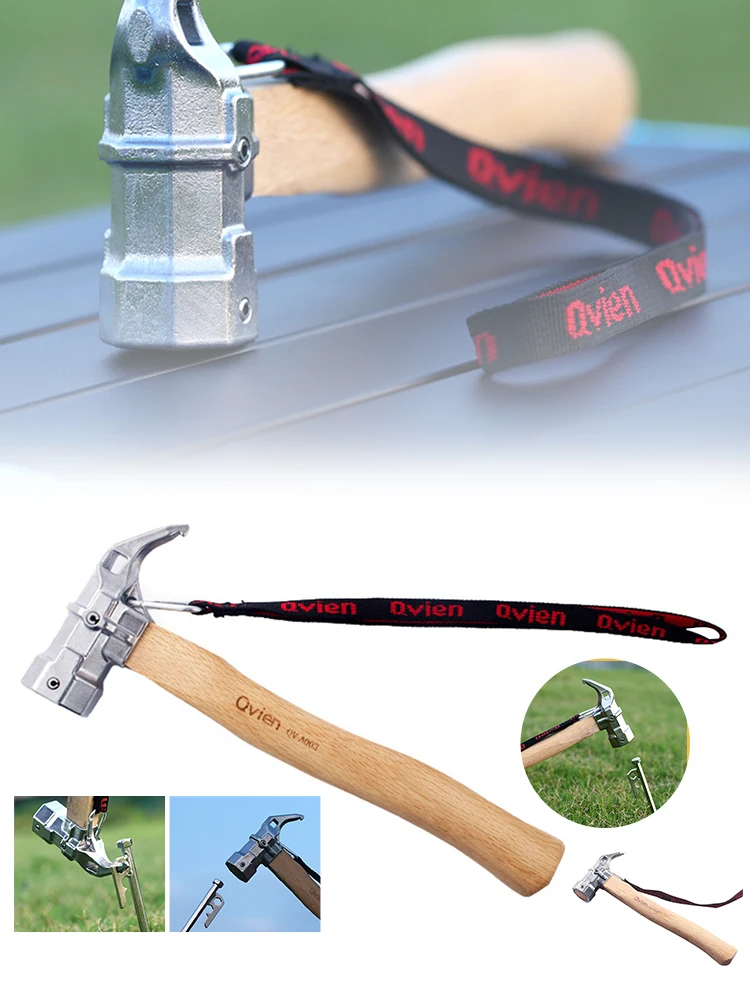 

New Outdoor Camping Hammer With Tent Stake Remover Stainless Steel Tent Hammer Wooden Handle Multi-Function Tent Stake Hammer