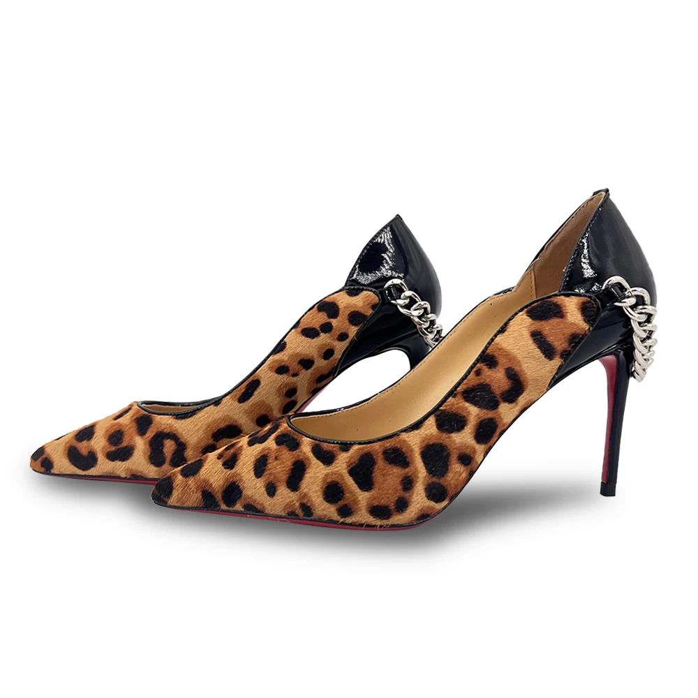 

Luxury Leopard Print Horsehair Pumps Heels Horsehair Stiletto Pointed Toe Chain Heels For Sexy Women Party Wedding Dress Shoes