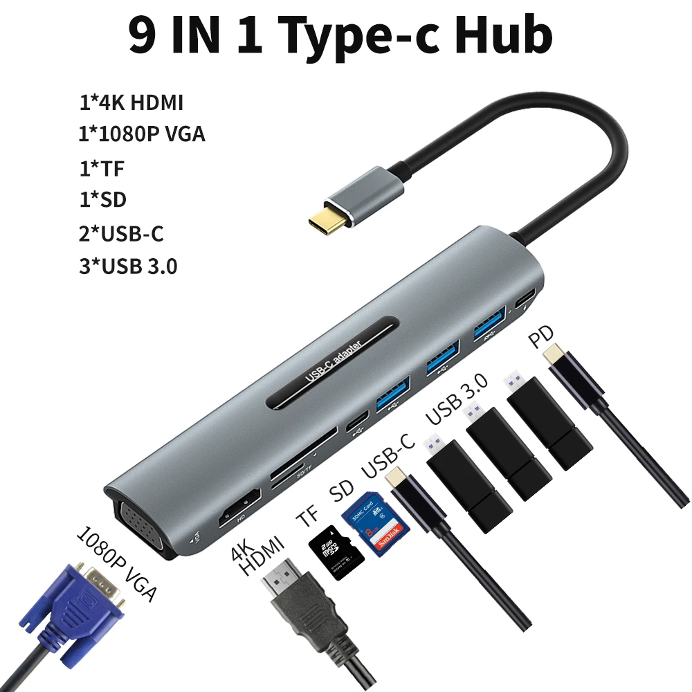 USB-концентратор tebe 9 в 1, USB Type-C на 4K HDMI, совместим с VGA, PD, SD, TF-кардридером, USB 3,0