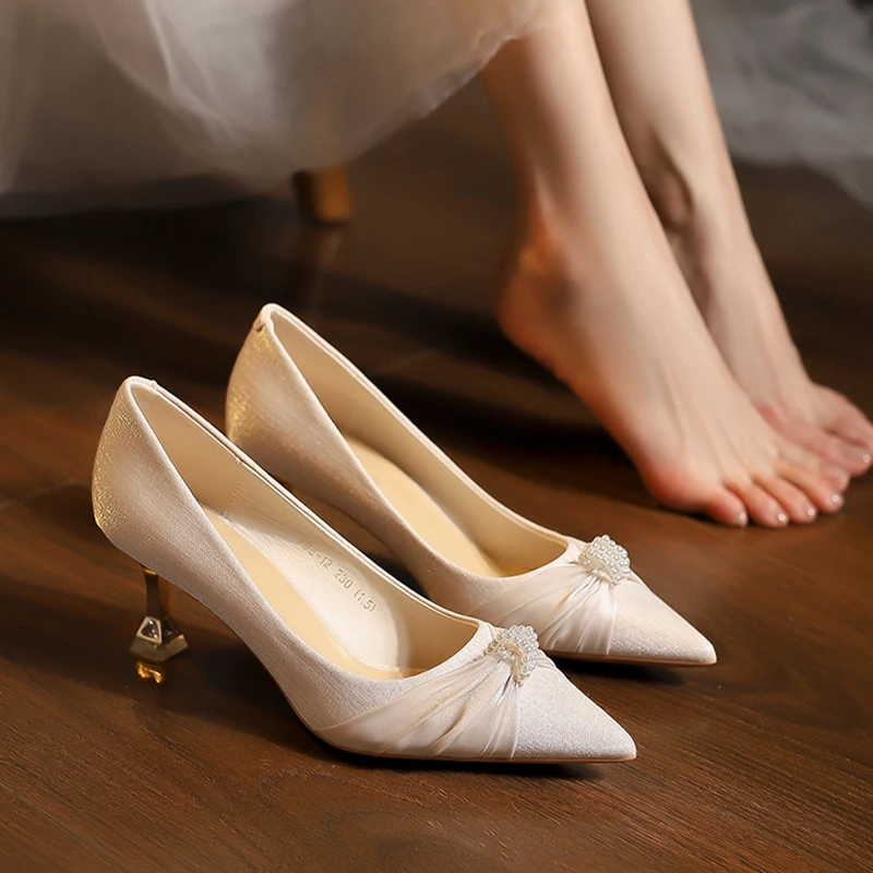 

Women Sexy Mid Heels Sandals Shallow Pearl Autumn Dress Shoes Fashion New Trend 2024 Party Pointed Toe Pumps Mujer Wedding Shoes