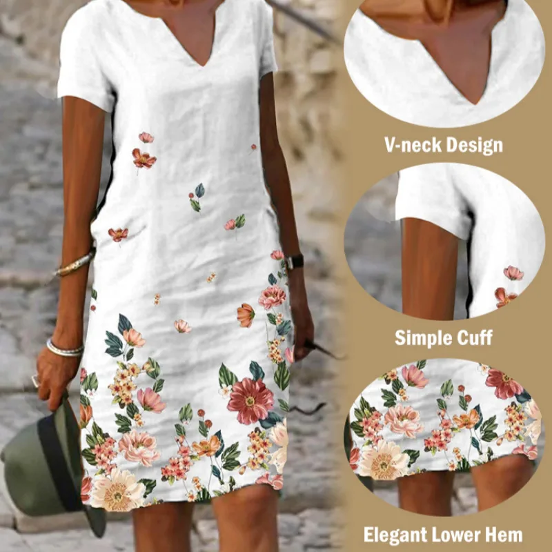 

Short-Sleeved Floral Print Dress in Cotton Linen Size S-5XL