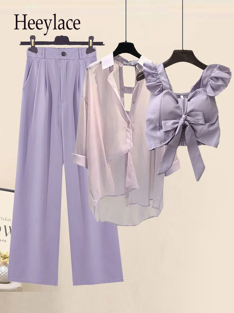 Женский летний комплект из 3 предметов короткого жилета и длинных шифоновых