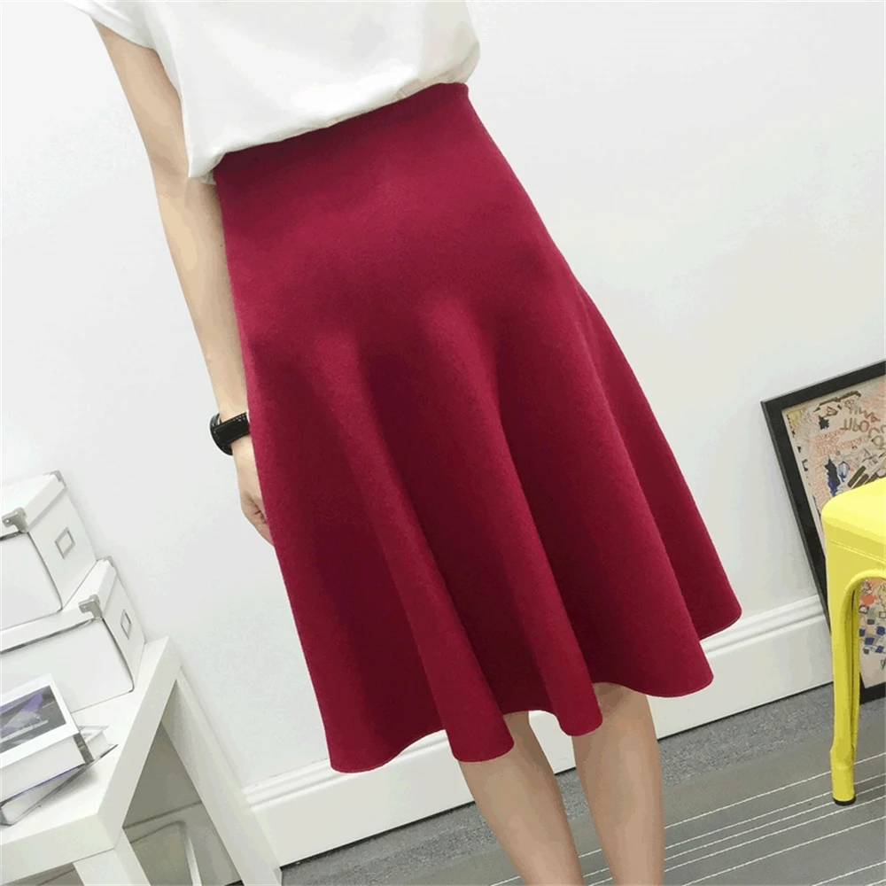 

New Autumn Winter Knitted Skirt Women Midi High Waist A Line Knit Skirts One-pieces Seamles Pleated Jupe Saia High Quality