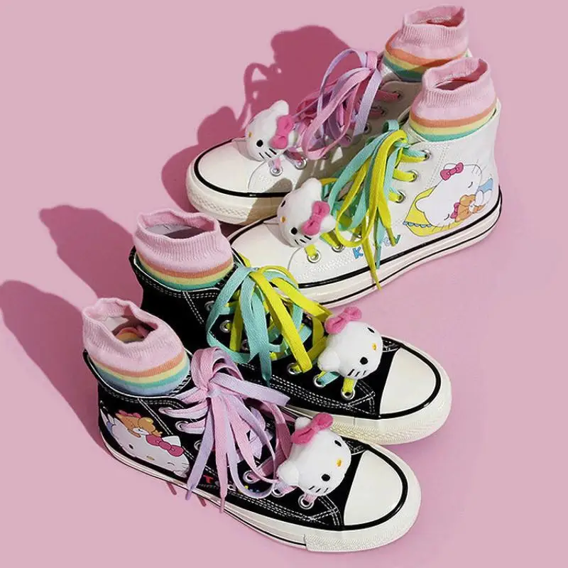 

Kawaii Hellokitty Canvas Shoes Cartoon Hand-Painted Graffiti High-Top Casual Shoes Students All-Match Trend Shoes Girls Gifts