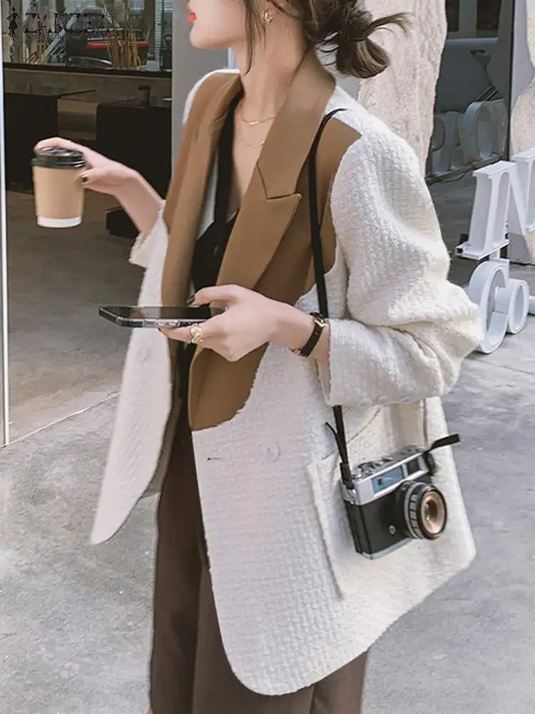 

ZANZEA 2023 Autumn Women Colorblock Lapel Blazer Button Front Long Sleeve Work Office Jacket Vintage Textured Fabric Thin Coats