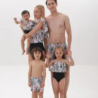 flower swimwear family matching swimsuits ruffled mother daughter mommy and me bikini dresses clothes father son swimming shorts