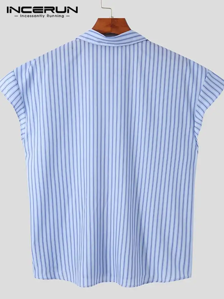 INCERUN Tops 2023 Handsome New Men's Collared Stripe Shirts Summer Casual Hot Sale Striped Lapel Sleeveless Buttons Blouse S-5XL