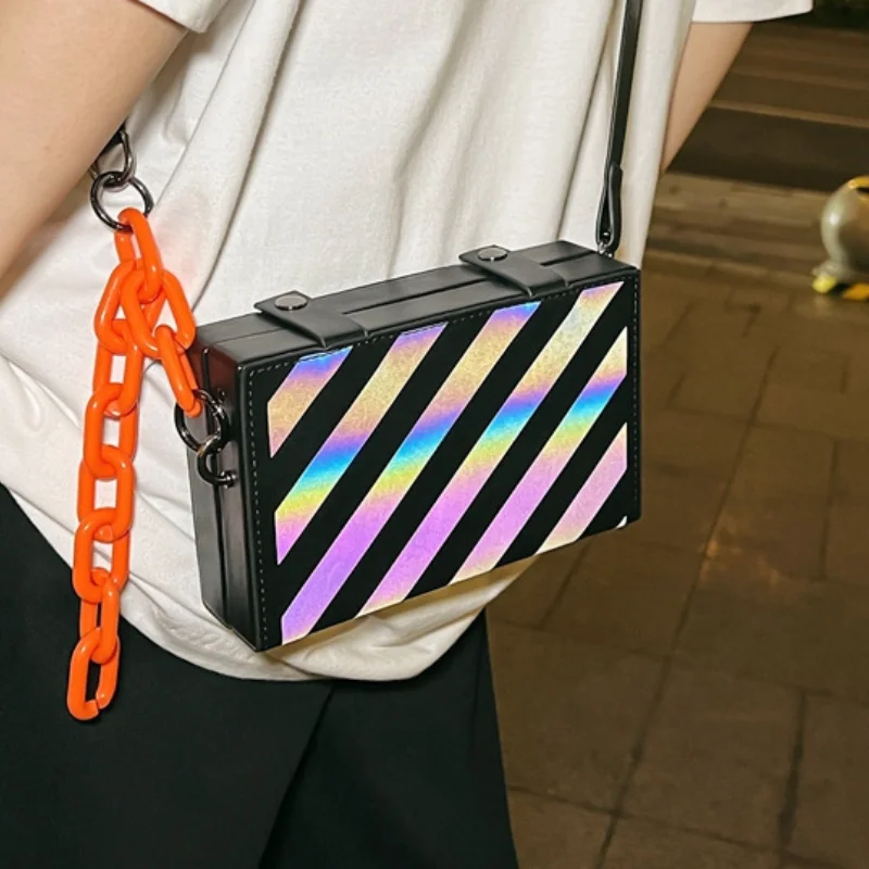 

Reflective Women's Square Bag 2023 Trend Hip Hop Fashion Crossbody Bags Leather High Quality Striped Small Shoulder Bag Woman