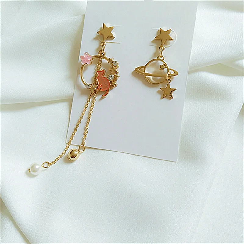 

Delicate Cute Zircon Cat Star Planet Flower Earrings For Women Korean New Fashion Asymmetric Earrings Girls Party Jewelry Gifts