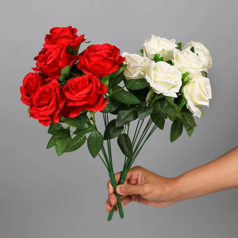 

Rose Flower Bouquet Artificial White Red Flowers Wedding Decoration 9 Heads Silk Flowers Fake Roses Flores Home Decor Bunch