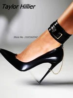 new 2022 pointed metal chain super pumps sexy patent leather ankle straps high heels womens fashion banquet party zapatos mujer