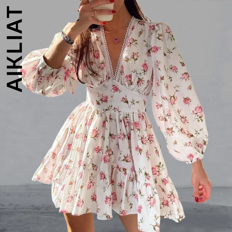 

Aikliat New Dress Women Puff Sleeve Lace Female Dress Slim Girl Dresses Holiday Simple Female Woman Clothes Vestidos