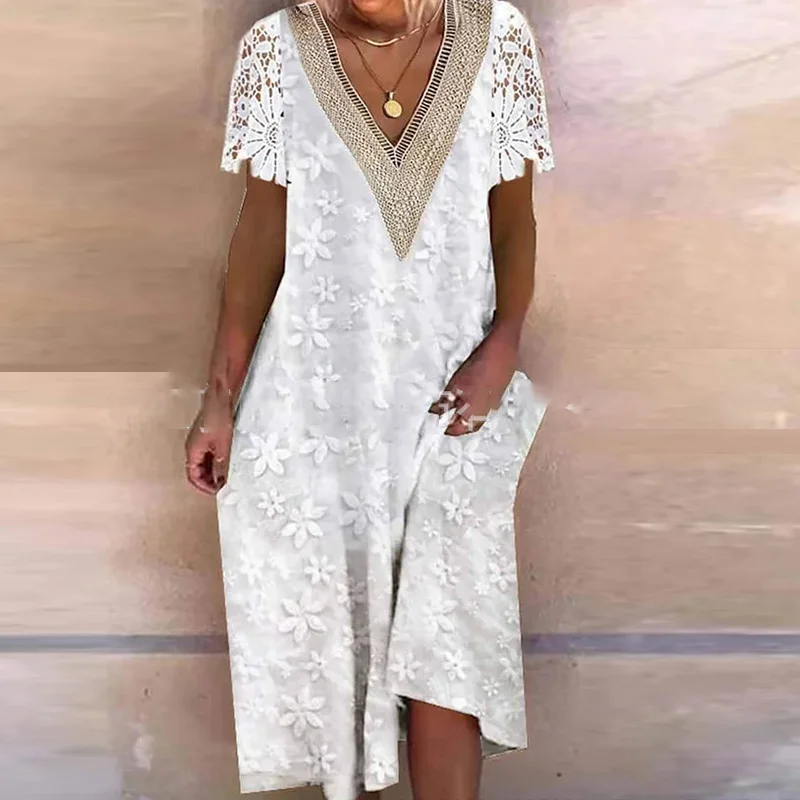 

Женское кружевное платье-миди с коротким рукавом и цветочным принтом