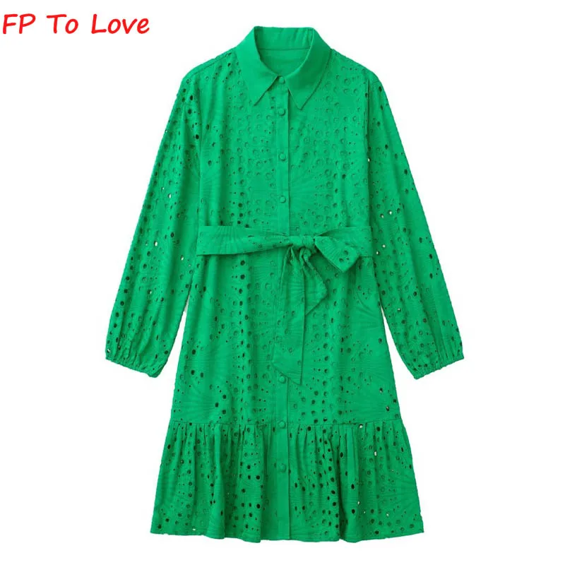 

FP TO LOVE 2022 Green Embroidered Dress Office Pleated Mini Dress Cutout Button Belt High Waist Summer Women Dress