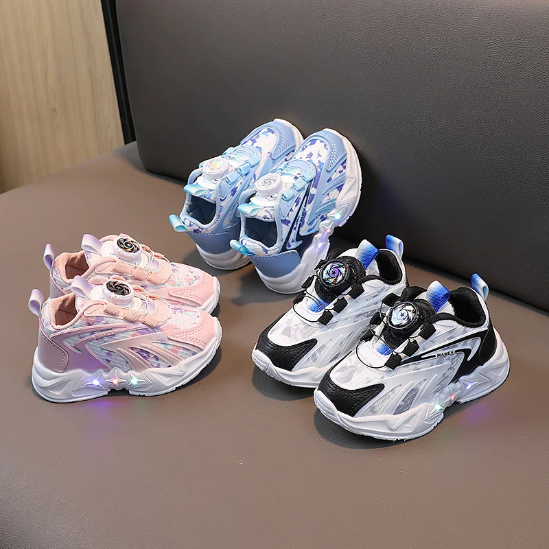 

Kids Sport LED Luminous Shoes Fashion Mesh+PU Leather Breathable Boys Sneakers Spring Autumn Children Girl Outdoor Running Shoes