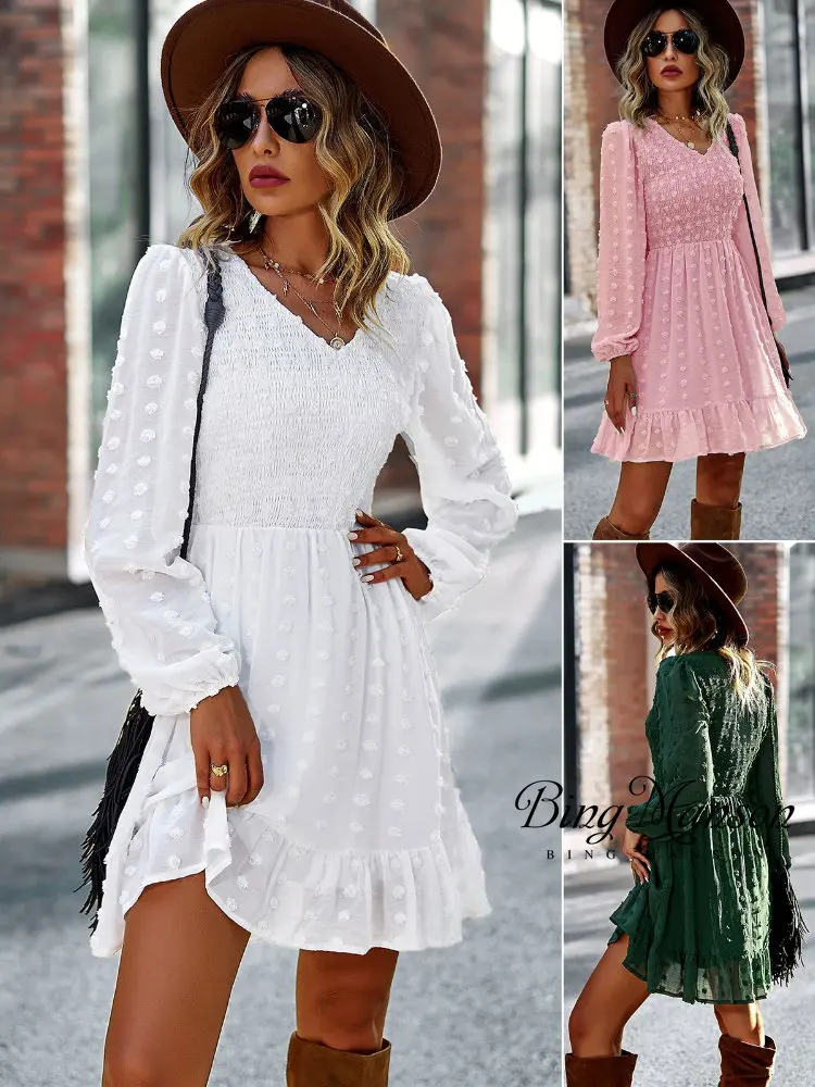 Купи Fashion V-Neck Long Sleeve Elegant Office Ladies Dress Spring Autumn Swing Dress Women Beach Casual Chiffon Mini Dress за 1,509 рублей в магазине AliExpress