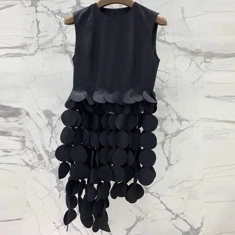 

23SS Vintage New Black Circle Splicing Dress Fashion Runway Round Neck Sleeveless Sliming Dresses Women High Quality Clothes
