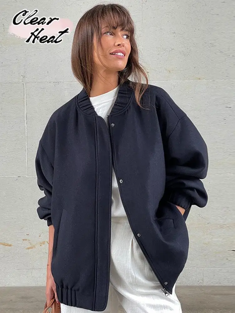 

Однотонное однобортное Свободное пальто Sigle с круглым вырезом для женщин, повседневные куртки большого размера на молнии с длинным рукавом, модная женская уличная одежда на осень