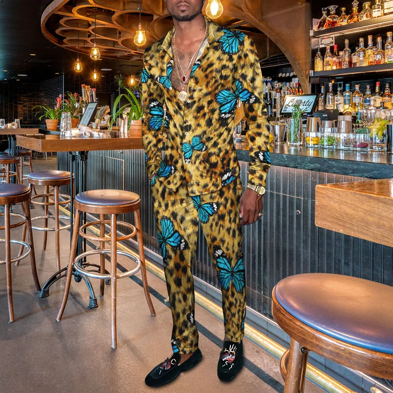 

2023 Casual Long Sleeve Shirt and Pants Set for Men 3D Printing Leopard Print Top Casual Pants Set Fashion Clothing Set
