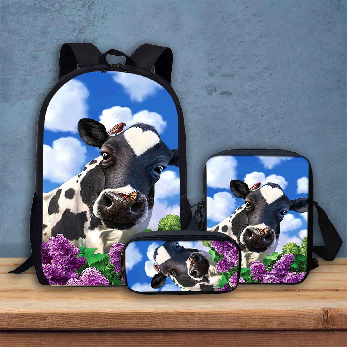 Flowers Cows Portable Crossbody Fashion Animal Pattern Stationery Boxes New Trend Teens Durable 17 Inch Backpack 3Pcs/Set Gifts