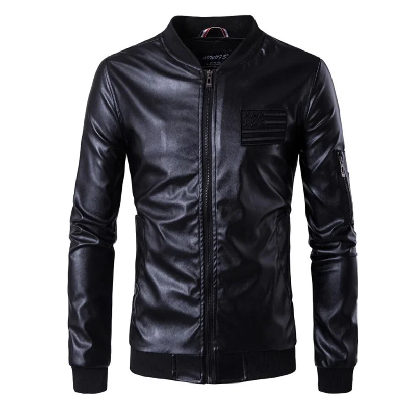 

Mens Leather Jacket Slim Motorcycle Coat Casual Stand Collar Clothes Personalized Stage Street Dance Rock Fashion Black