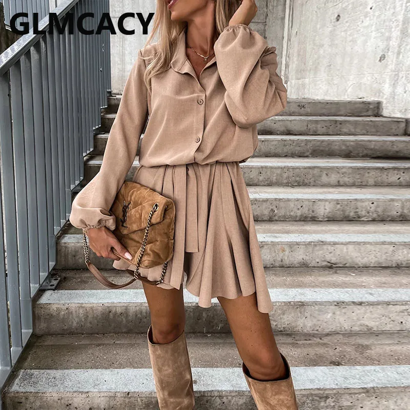 

Женское повседневное мини-платье-рубашка на пуговицах с длинным рукавом