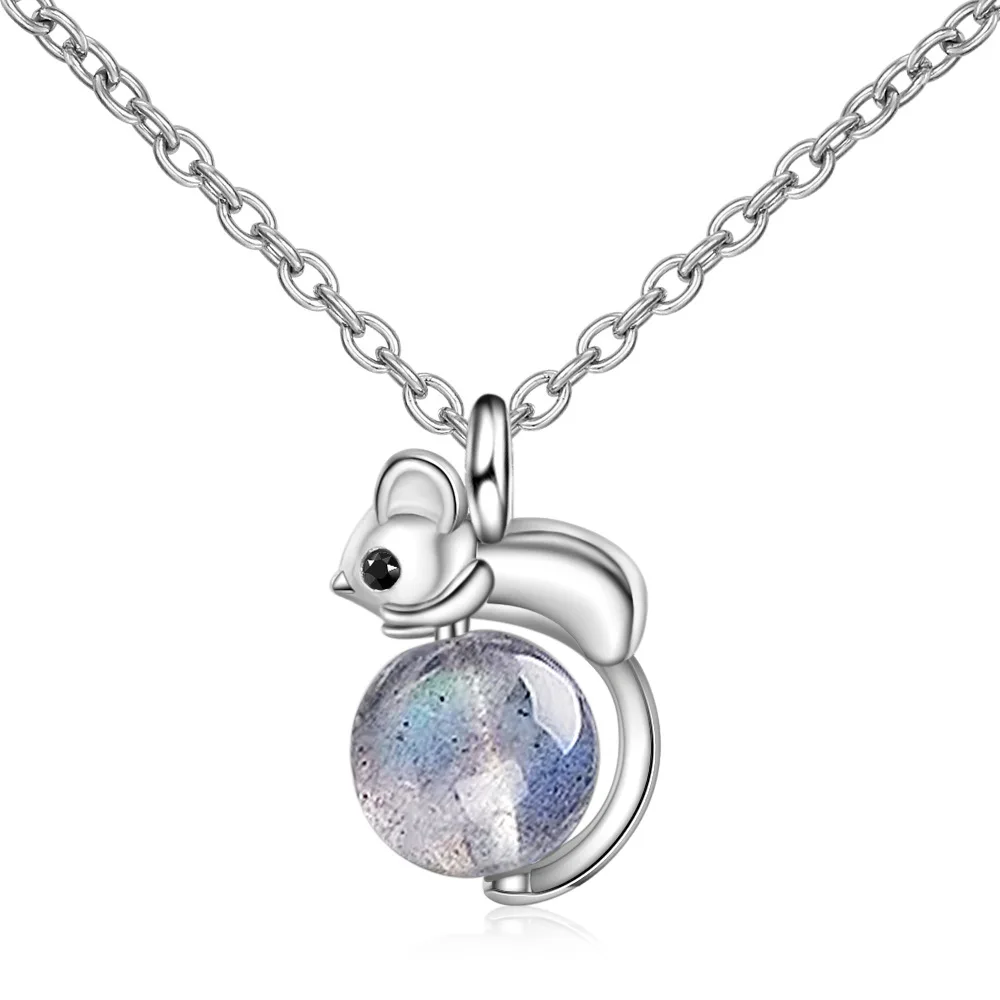 

New Creative Cute Mini Mouse 925 Sterling Silver Jewelry Natural Blue Moonstone Clavicle Chain Animal Pendant Necklaces XZN014