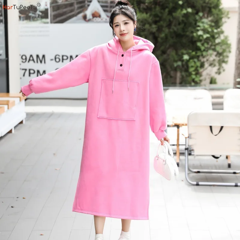 Теплое флисовое зимнее платье с капюшоном