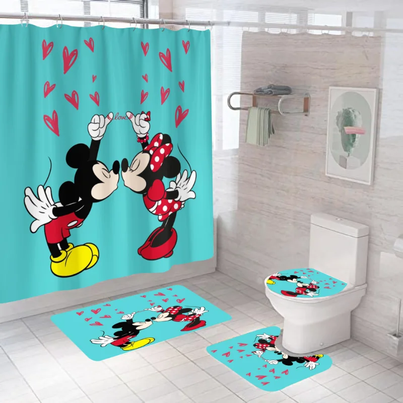 

Disney Mickey Minnie Mouse Shower Curtain Carpet Black and White Toilet Cover Bath Mat Rug Pad Set Bathroom