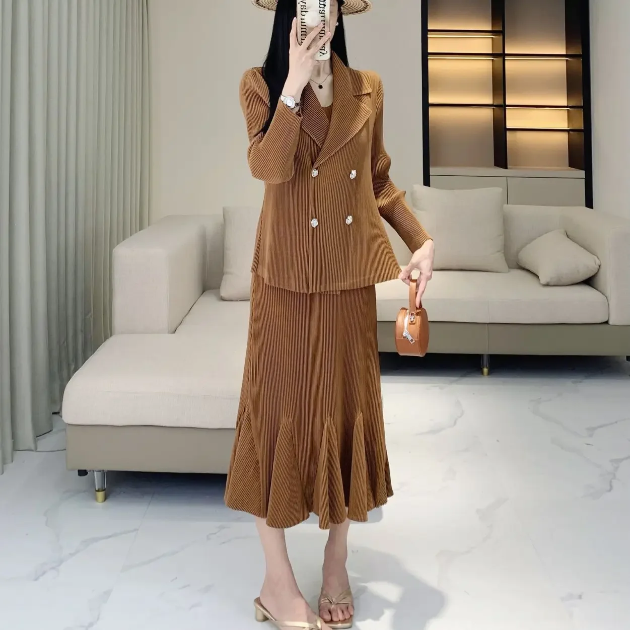 Плиссированный женский осенний Новый Модный Блейзер и юбка рыбий хвост комплект