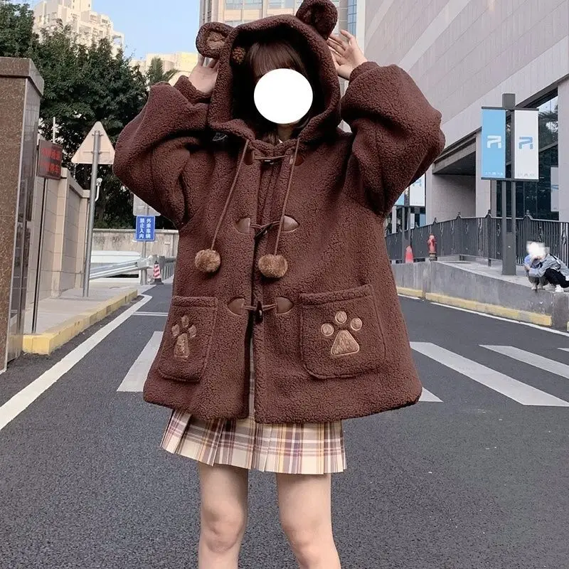 

Куртка женская из овечьей шерсти в японском стиле, пальто с капюшоном и мягкими медвежьими ушками, милая верхняя одежда для девушек, Осень-зима