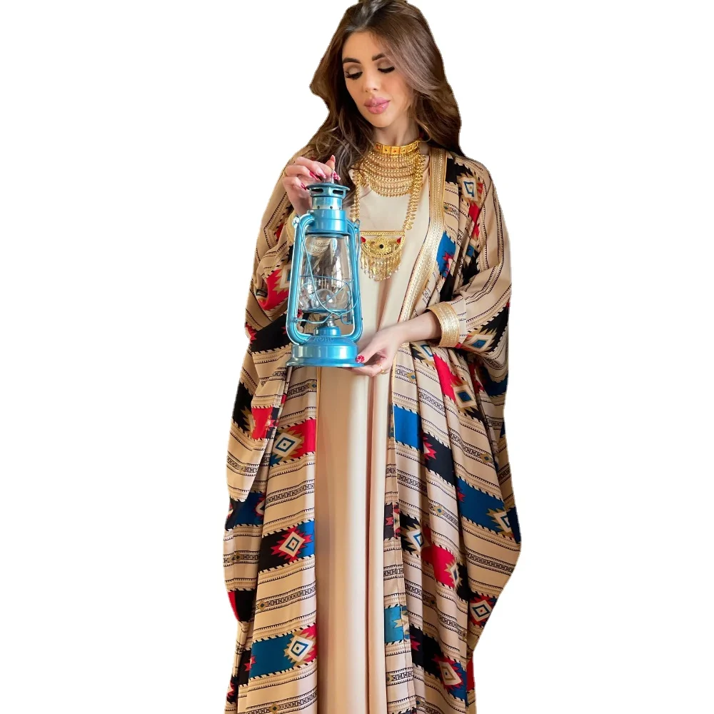 

2 Piece Elegant Dress Dolman Sleeves Vest Robe Blue Stripe Dress Set Two Piece Long Sleeve Luxury Dress