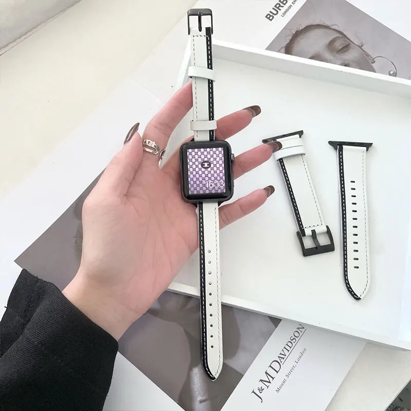 Ремешок кожаный для Apple Watch Band, черный белый браслет для iWatch Series 8 7 6 SE 5, 45 мм 41 мм 44 мм 42 мм 40 мм 38 мм (art.: 3920bf4100ece) - 3920bf4100ece