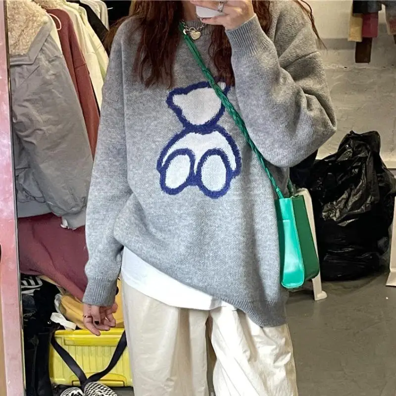 

Korean Chic Bear Cartoon Sweater Women Loose Casual Pullovers 2023 Spring Autumn New Fashion Cottagecore Sweet O Neck Sweater