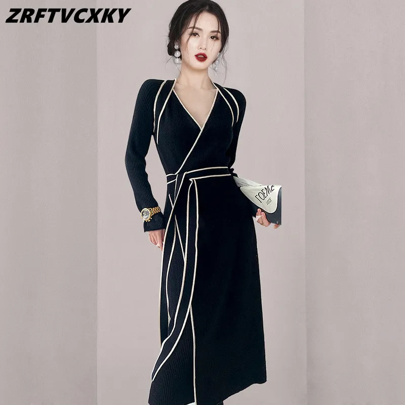

Elegant Women V-Neck Colorblock Pullover Knit Sweater Dresses Winter Fashion Warm Soft Stretch Bottoming Pencil Sheath Dress