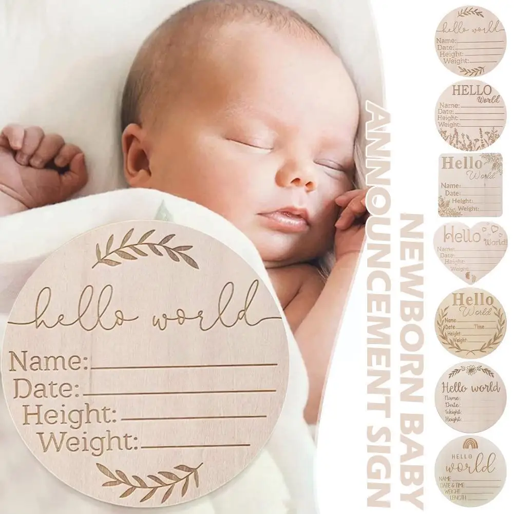 1pc Wooden Hello World Birth Announcement DIY Sign Milestone Baby Baby Card Wood Cards Recording Birth Props Cards Photogra P6H8