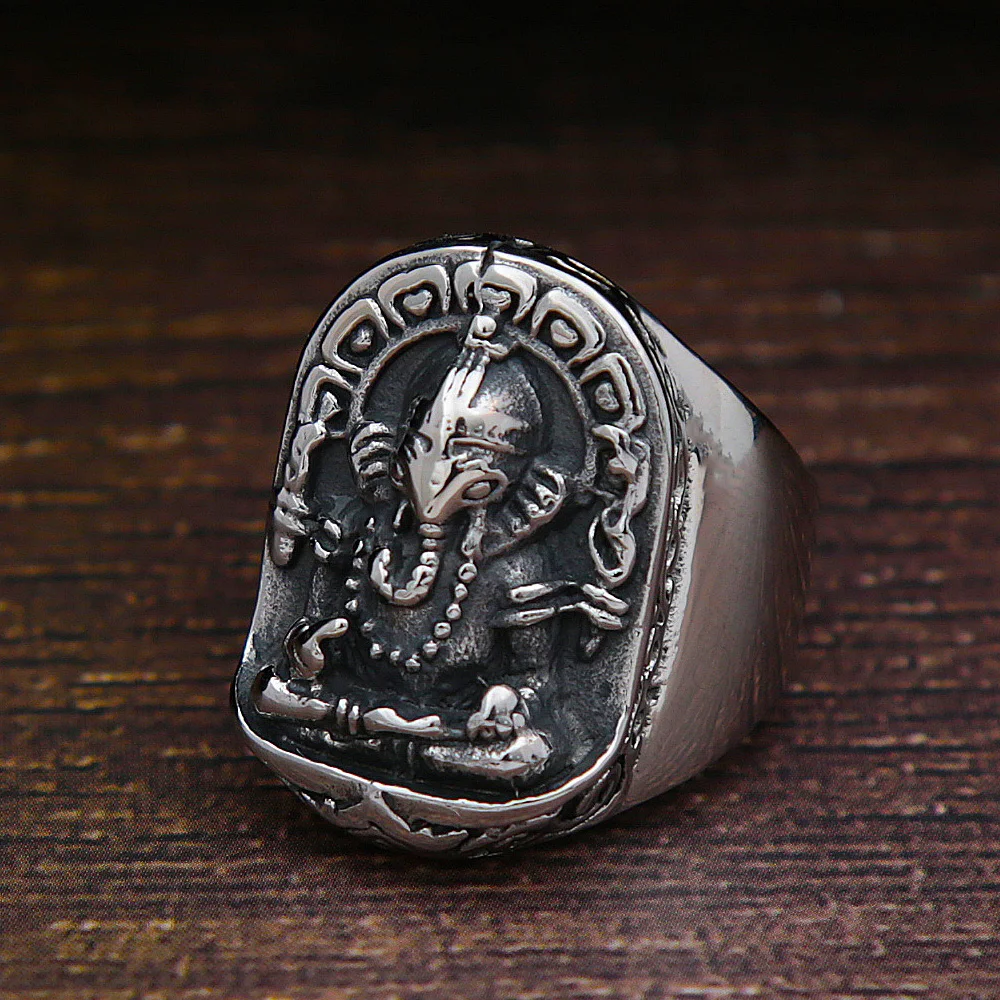 

Vintage Stainless Steel God Of Wealth Elephant Ring Jewelry Ethnic India Buddha Ganesha Ring For Men Women Amulet Jewelry