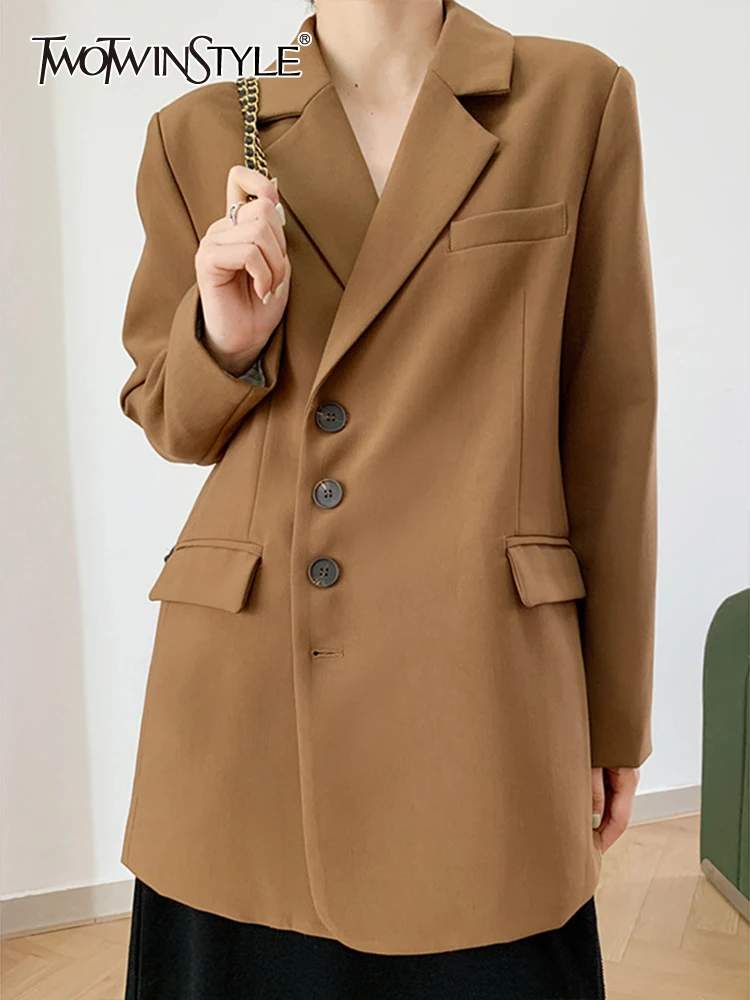 

TWOTWINSTYLE Casual Solid Blazers For Women Tailored Collar Long Sleeve Patchwork Single Breasted Loose Blazer Female Fashion