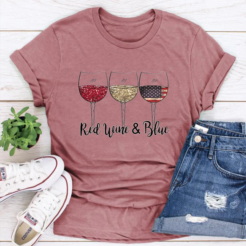 Red Wine 4th of July Wine T Shirt Red White Wine Glasses Shirt Flag Wine Glasses Tee Patriotic Ladies Red Wine Tee July 4th L