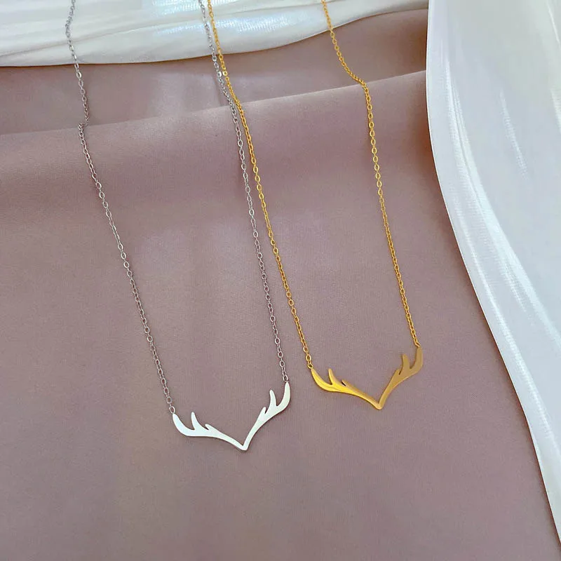 

Simple Deer Horn Shaped Pendant Necklace for Women Stainless Steel Clavicle Chain Girls Neck Chains Korean Collar Jewelry Gifts