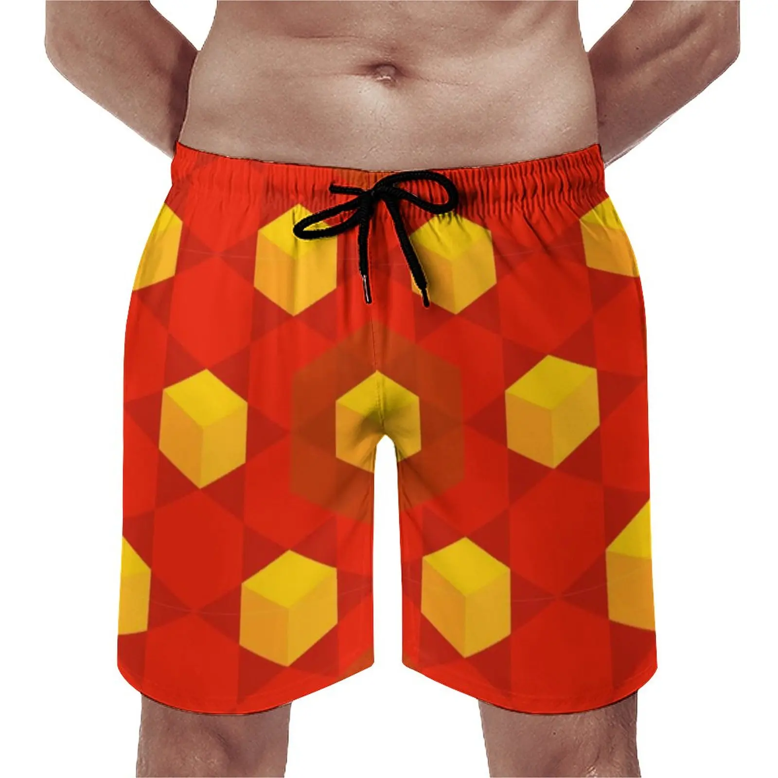 

Nordic Pattern Board Shorts Trenky Red and Orange Cubes Design Beach Short Pants Male Elastic Waist Comfortable Swim Trunks
