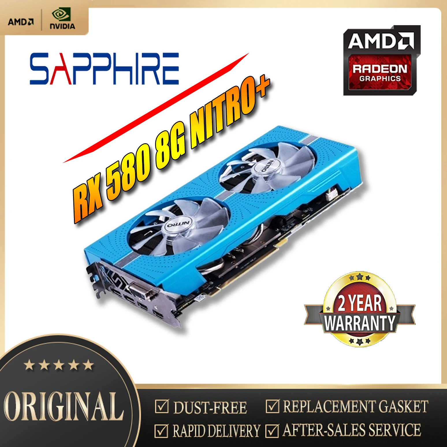 SAPPHIRE Video Card AMD RX 580 8G NITRO+ 256Bit  GDDR5 Graphics Cards For RX580 Series Cards RX580 DisplayPort placa Used