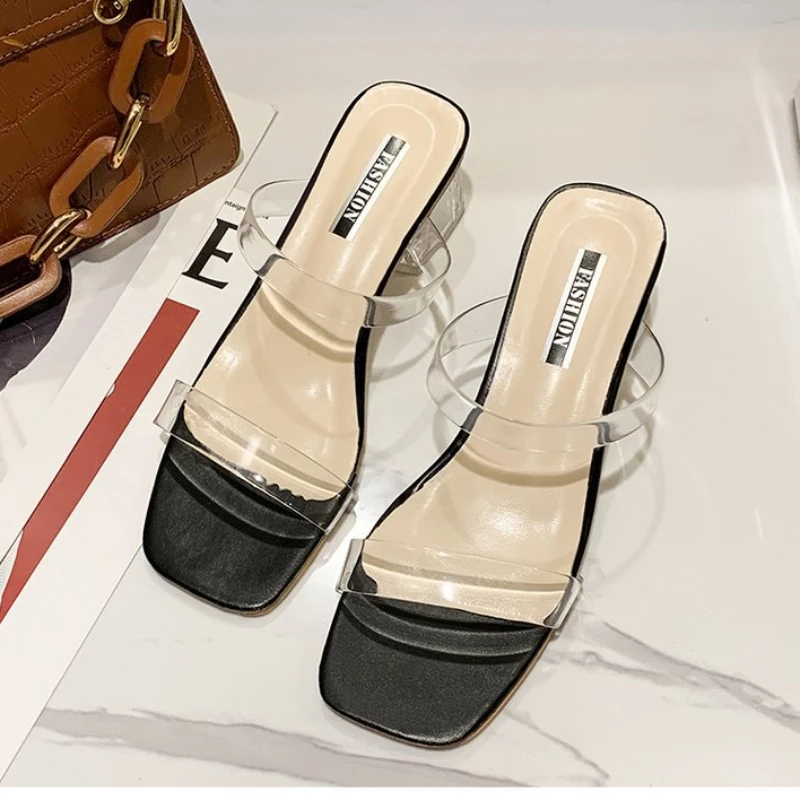 

Sexy Square Toe Slippers for Women High Quality Low Heels Elegant Transparent Ladies Shoes Beautiful Slippers Zapatos De Mujer