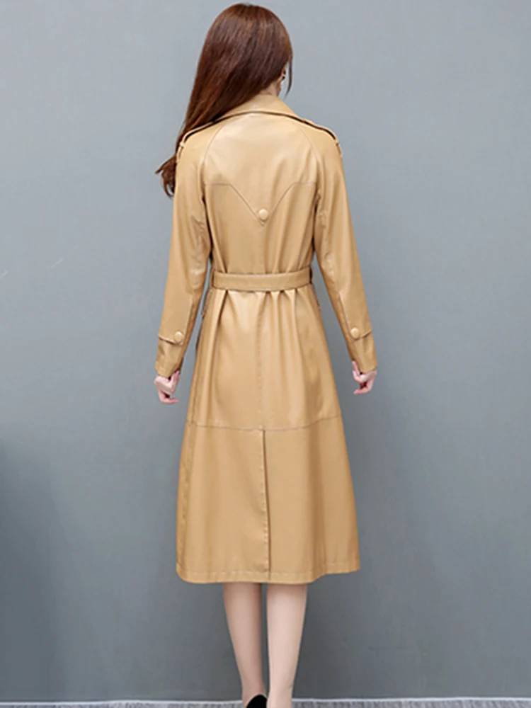 Women SheepSkin Long Trench Coat 2022 Spring Autumn Turn Down Collar Women Clothes Slim Fashion Full Sleeve Leather Belt Trench