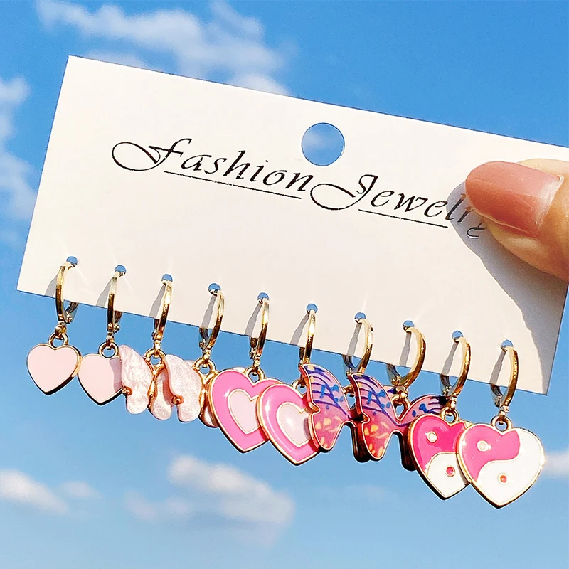 Набор серег-подвесок для женщин и девушек Разноцветные серьги в форме сердца