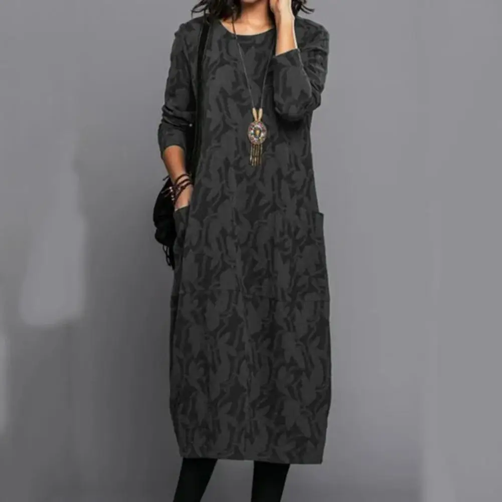 Women's Vintage Dress Casual Print Long Sleeve Round Neck Dress Spring And Autumn Long Sleeve Bohemian Loose Pocket Dress