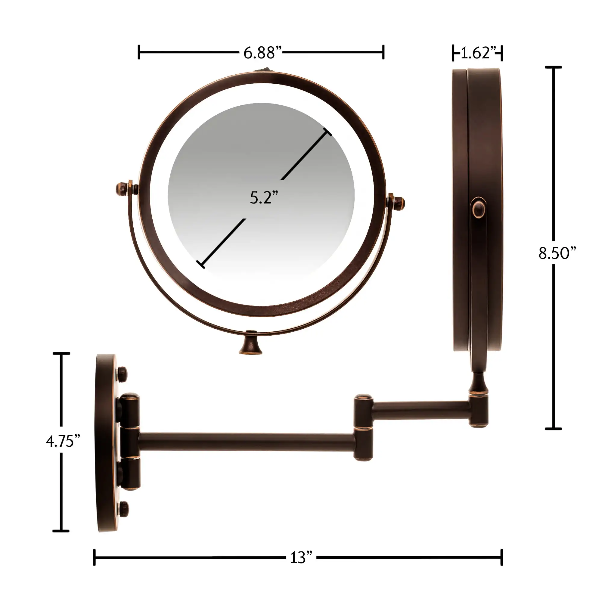 

Lighted Wall Mount Makeup 7 inch 1X 10X 360 Degree Double Sided, Round LED Magnifier, Extending & Retractable Arm, Compact & Cor