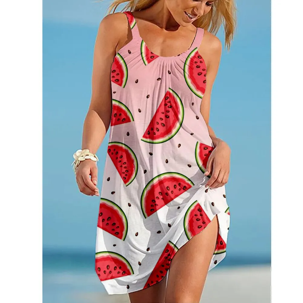 Women Sleeveless Sexy Dresses Watermelon 3d Printed Graphic Dress Sling Beachwear Aesthetic Knee-Length Bohemian Female Clothes