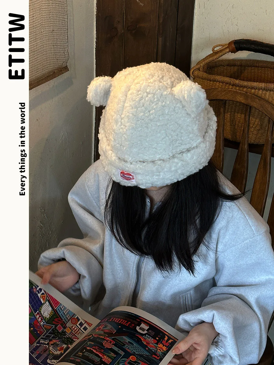 Etitw корейская кепка с рукавами медвежьими ушками женская из овечьей шерсти на